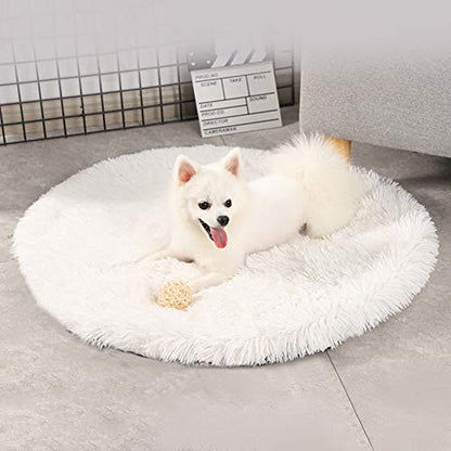 16 Inch Plush Dog Bed Mat Warm Fluffy Round Puppy Crate Pad with Anti-Slip Waterproof Bottom Soft Comfy Pet Kennel Mat for Small and Medium Dogs Sleeping(White) - color: White, size: 16 Inch
