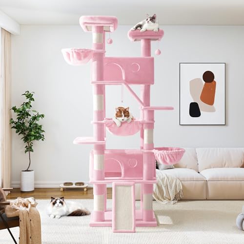 Allewie 81 Inches Tall Cat Tree/Multi-Level Large Climbing Tree House and Towers for Big Feline/Condo and Hammock/Scratching Post/Wide Base/Pink - color: Pink