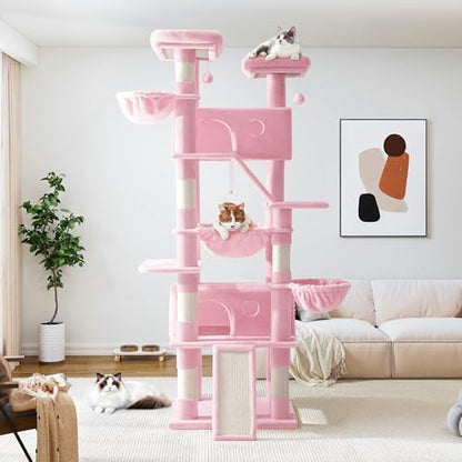 Allewie 81 Inches Tall Cat Tree/Multi-Level Large Climbing Tree House and Towers for Big Feline/Condo and Hammock/Scratching Post/Wide Base/Pink - color: Pink