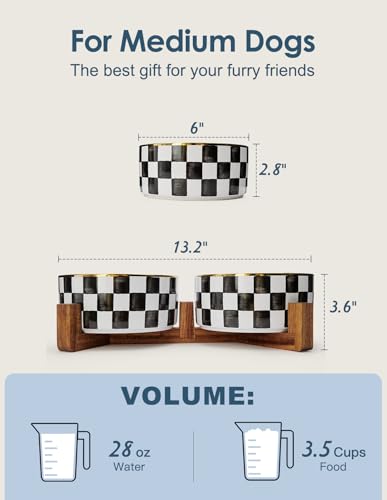 Ceramic Dog Bowls for Medium Dogs, 3.5 Cups Checkered Dog Food and Water Bowl with Acacia Wood Stand, Non-Slip Anti-Tip Elevated Feeding Station, Black and White - color: Black and White