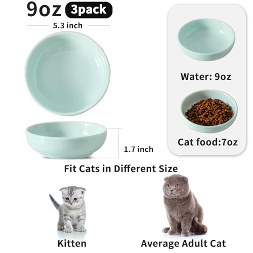 5.3 in Ceramic Cat Dishes - Shallow Food Bowls for Small Pets, 3 Pack for Food and Water -Light Blue - color: Light Blue