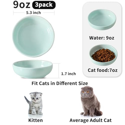 5.3 in Ceramic Cat Dishes - Shallow Food Bowls for Small Pets, 3 Pack for Food and Water -Light Blue - color: Light Blue