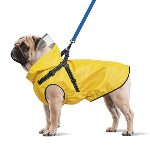 Dog Raincoat: Dog Rain Jacket with Reflective Harness & Removable Hood | Waterproof Dogs Rain Coat Poncho for Large Medium Small Dogs Puppies (Yellow - M) - size: Medium