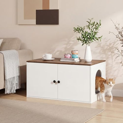 HOOBRO Cat Litter Box Enclosure, Hidden Litter Box Furniture with Side Entry, Litter Box Cabinet, Indoor Cat House, End Side Table, 31.5" L x 17.7" W x 16.3H, for Bathroom, White and Walnut WH40MW01 - color: White + Walnut