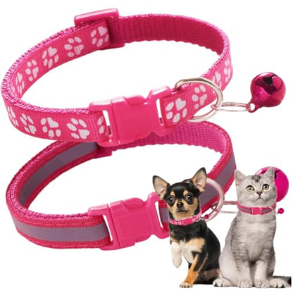 Hot Pink Puppy Collar with Bell, 2-Pack Paw Print & Reflective Strip Girls Cat Collars with Bells for XXS XS Small Little Dogs Tiny Kitten Female Pet, X-Small - color: Reflective Hot Pink