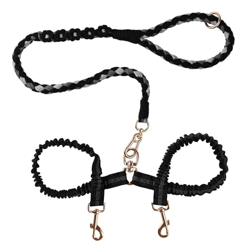 Double Dog Leash – Tangle-Free Dual Leash with 360° Swivel, Shock Absorbing Bungee, Reflective Stitching & Hand-Braided Main Rope (Supports Up to 440 lbs, Black) - color: Black