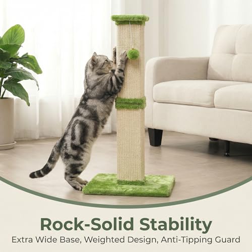 32" Tall Cat Scratching Post, Cat Scratcher with Heavy Duty Thick Wood Base, Cat Tower with Natural Sisal Rope and Hanging Ball, Plant-Like Design Scratching Post, for Small and Adult Kittens, Green - color: LIght Green