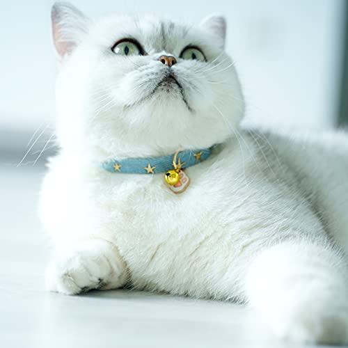 2 Pack Denim Breakaway Cat Collars with Bell Cat Paw Pendant Kitty Kitten Collars Blue Collar for Female Girl Cats Male Boy Cats Star Print - color: Blue