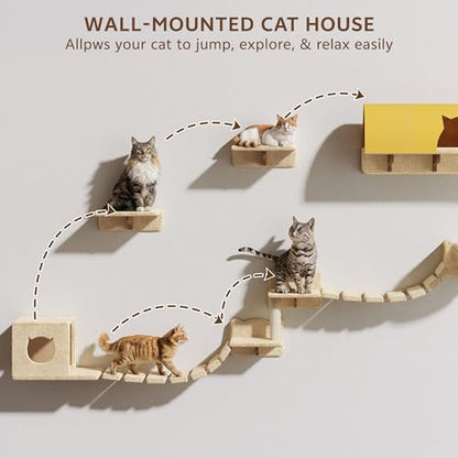 16-in-1 Cat Wall Shelves, Wall Mounted Cats Furniture Set w/Plush Fabric, Cat Climbing Wall Systems, Cats Shelf with 40''L Tunnel, Condos, House, Steps, Bridge Ladder & Scratching Post, Beige - color: Beige, size: 16-in-1