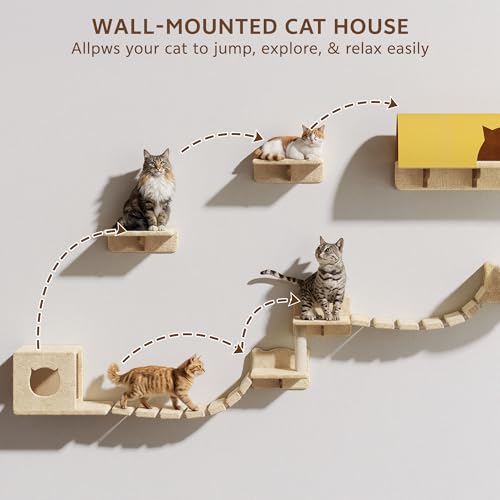 Cat Wall Shelves with Cat Tree, 26-in-1 Wall Mounted Pet Furniture with 40''L Tunnel, Scratching Posts, House, Step and Floating Bridge, Cat Climbing Wall Systems with 63'' Cats Tower, Beige - color: Beige, size: 26-in-1