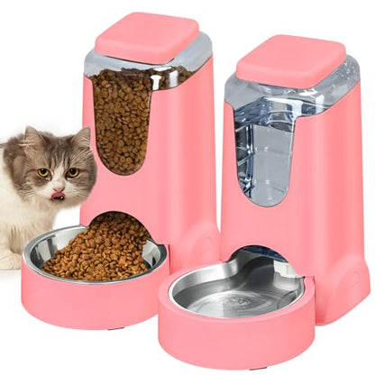 Automatic Cat Feeder and Water Dispenser with Stainless Steel Bowl Dog Gravity Food Feeder and Waterer for Small Medium Pets Puppy Kitten 1 Gallon x 2 - color: Pink（3.8L*2）