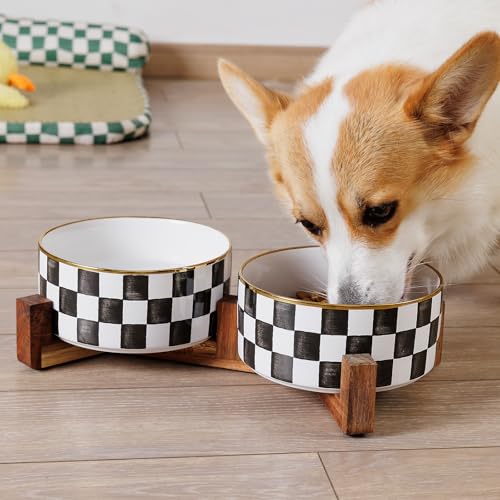Ceramic Dog Bowls for Medium Dogs, 3.5 Cups Checkered Dog Food and Water Bowl with Acacia Wood Stand, Non-Slip Anti-Tip Elevated Feeding Station, Blue and White - color: Blue and White