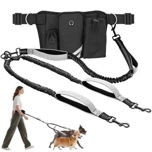 Skmeditec Hands Free Double Dog Leash with Waist Bag for Walking Two Dogs, Shock Absorbing Bungee Leash with Zipper Pouch for Running, Dual Padded Handles & Adjustable Waist Belt - size: 2 Dogs