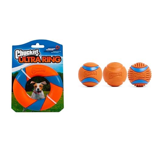 Chuckit! UltraRing Fetch Dog Toy Bundle with 2.5-inch Medium Dog Balls Set of 3 - Interactive Outdoor Chase and Fetch Toys