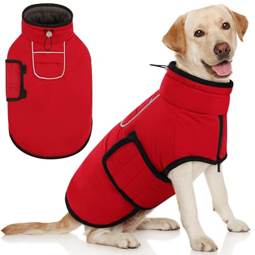 AOFITEE Dog Coat, Waterproof Dog Jacket, Dog Winter Coat with Harness Hole & High Collar, Warm Fleece Dog Snow Jacket for Cold Weather, Reflective Dog Snowsuit for Small Medium Large Dogs, Red XL - color: Red, size: X-Large