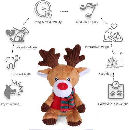 Blnboimrun Christmas Reindeer Plush Dog Toy with Squeaker, Holiday Chew Toys for Puppy Teething, Interactive Stuffed Animal with Crinkle Paper for Small Medium Dogs, Best Gift for Pets - color: Brown Reindeer