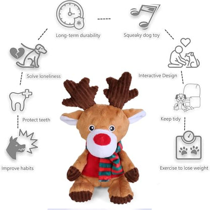 Blnboimrun Christmas Reindeer Plush Dog Toy with Squeaker, Holiday Chew Toys for Puppy Teething, Interactive Stuffed Animal with Crinkle Paper for Small Medium Dogs, Best Gift for Pets - color: Brown Reindeer