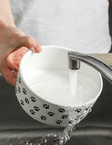 UBEE 6.5 inch Dog Bowls Set of 2, Ceramic Dog Food Water Bowl Dish with Paw Pattern, Pet Food Water Dishes Feeding for Small and Meidum Dogs and Large Cat, White - color: White-paw, size: 6.5 inch x 2