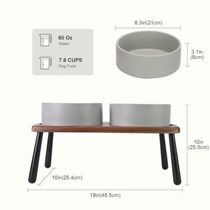 SPUNKYJUNKY Ceramic Elevated Dog Bowls Raised with Acacia Bamboo Wooden Stand, 8.3'' Dog Food Water Bowls Set Non-Slip for Medium Large Sized Breed Microwave Dishwasher Safe - 60 OZ,Grey - color: Grey, size: 8.3 in - Dual