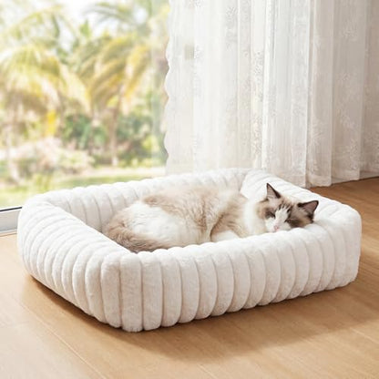 Cat Beds for Indoor Cats, Square Self Warming Cat Bed Orthopedic Pet Bed with Pillow Super Soft Rabbit Fur Small Dog Beds, Calming Plush Kitten Bed with Removable Washable Cover & Anti-Slip Bottom - size: 22*18*6 inces