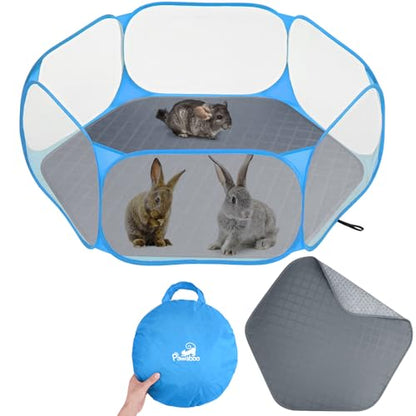 Pawaboo Small Animals Playpen with Pad, Waterproof Small Pet Cage Tent with Reusable Pad, Portable Outdoor Yard Fence for Chick/Kitten/Puppy/Guinea Pig/Rabbits/Chinchillas, Blue+Gray - color: Blue+Gray