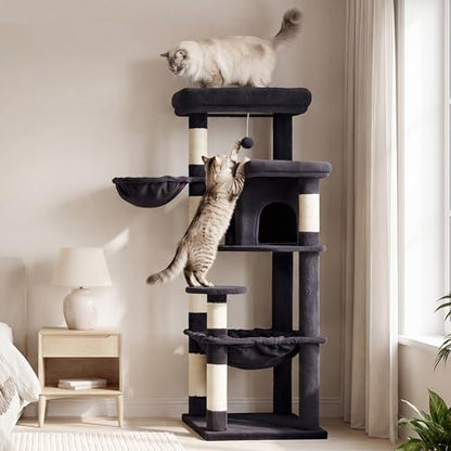 Heybly Cat Tree, 56-Inch Multi-Level Easy Climb Tower for Large Cats, Cat Furniture with 2 Perches, Cozy Hammock, Spacious Condo & Cat Basket, Durable Sisal Scratching Posts, Smoky Gray HCT028G - color: Smoky Gray
