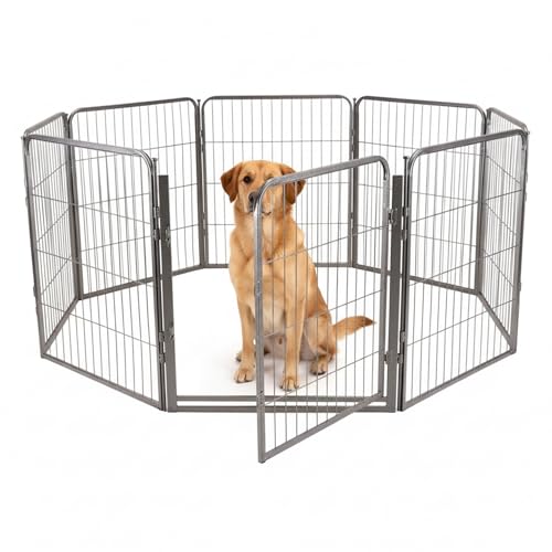 Dog Play Pen for Indoor Use - 32'', 8 Panels for Small and Medium Size Dogs - Portable Grey Playpen Kennel for House or Garage - Metal Heavy Duty Pet Fence with Anti-Slip Feet - size: 32 Inches