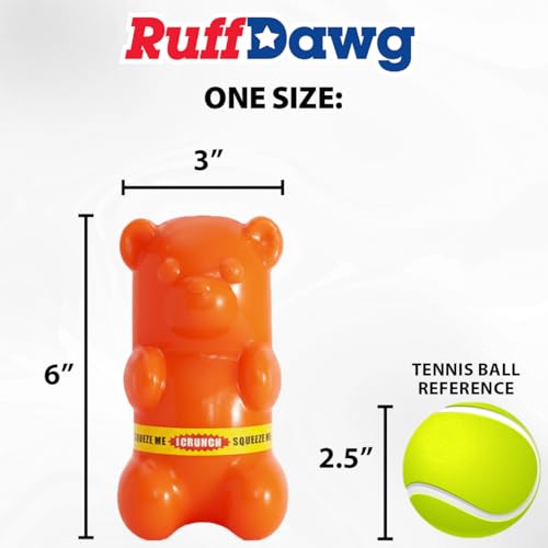Ruff Dawg Gummy Bear Crunch Dog Toy – (1 pc) Assorted Colors – Loud Crinkle Rubber Fetch Toy with Treat Slot – Bouncy Ruff Flex Shell, Floats – Made in USA