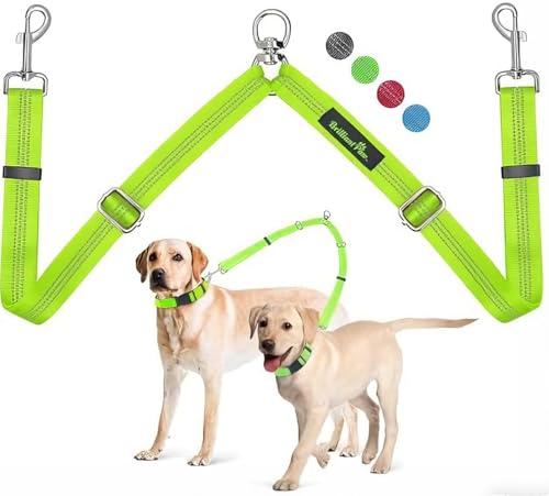 Double Dog Leash Coupler, No Tangle 360° Swivel Adjustable Reflective Dog Leash Splitter for 2 Dogs, Heavy Duty Shock Absorbing Bungee Lead Extension for Small Medium Large Dogs