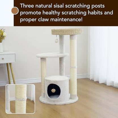 PetPals 4-Level Multi-Activity Cat Tree with Base Condo,Handwoven Paper Rope Top Nest Bed, Replaceable Sisal Scratching Posts,Teaser Toy (Cream and Beige) - color: Cream and Beige