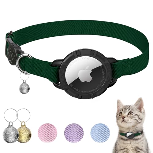 AirTag Cat Collars, Stretchy Collar with Apple AirTag Holder and Bell, Breakaway Ultra Design Elastic GPS Tracking Collars for Cats and Puppies, (7.5-12.5 Inch), Forest Green - color: Forest Green