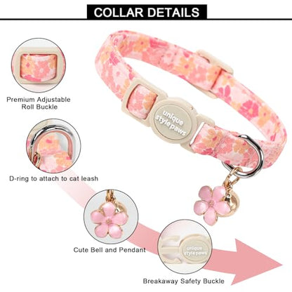 Unique style paws 2 Pack Spring Summer Kitten Collar Breakaway with Bell&Pendant, Adjustable Safety Rose Daisy Flower Cat Cotton Collar for Girl Boy Cat and Small Pet - color: Spring Rose Daisy
