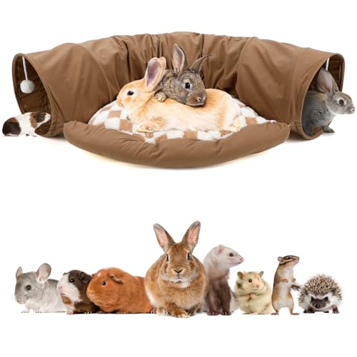 BWOGUE Bunny Tunnel Bed, 2-in-1 Collapsible Tunnel Tubes Toys with Removable Mat Hideout for Cats Kittens Rabbits Guinea Pigs Kitty (Coffee) - color: Coffee