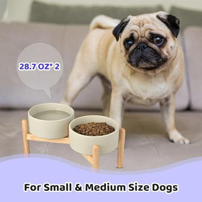 SPUNKYJUNKY Ceramics Raised Bowls with Wooden Stand - Elevated Dog Food and Water Bowl (Double 28.7OZ, Grey) - color: Grey (Double Bowls Set), size: Medium - 3.6 CUPS