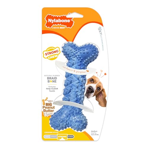 Nylabone Braid Bone Strong Chew Toy for Dogs, Natural Rubber Dog Toy for Moderate & Aggressive Chewers, Peanut Butter Flavor, Medium Dogs - Up to 35 lbs, 1 Count - size: Medium