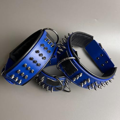 Luxury Leather Spike Dog Collar, Double-Layer Soft Cowhide, Punk Style for Medium and Large Dogs, Pit Bulls, Rowena (Blue,2XL-Neck 57-65cm) - color: Blue, size: 2XL-neck 57-65cm