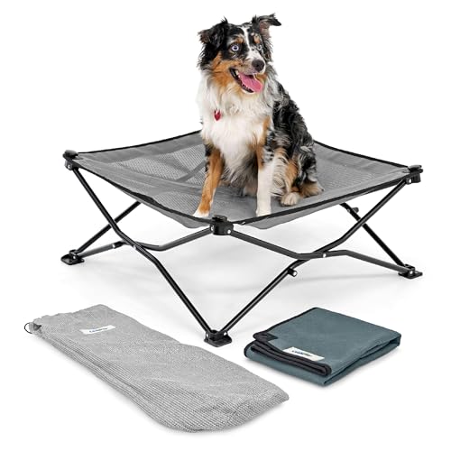 Coolaroo On-The-Go Elevated Dog Bed Kit – Portable & Cooling Travel Cot with HeatShield Fabric for Medium Dogs, Lightweight & Compact, Includes Matching Carry Bag & Pacific Blue Bonus Cover, Medium - color: Pacific Crest Blue, style: Medium