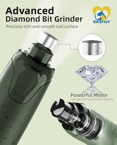 Casfuy Dog Nail Grinder Quiet - (45db) 6-Speed Pet Nail Grinder with 2 LED Lights for Large Medium Small Puppy Dogs/Cats, Professional 3 Ports Rechargeable Electric Dog Nail Trimmer with Dust Cap - color: Green