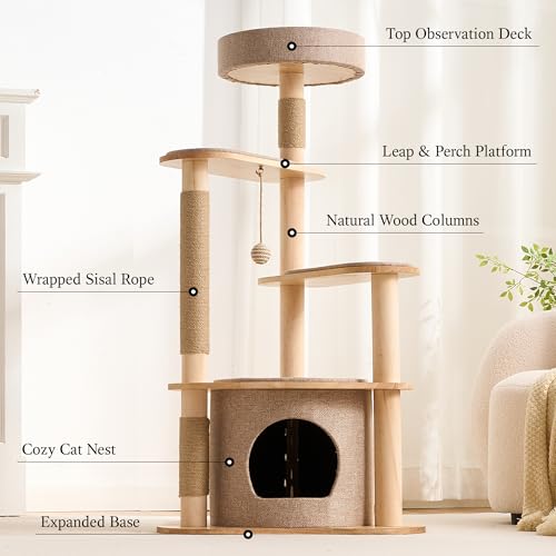 797Audio Modern Wood Cat Tree Tower, 46" Aesthetic Cat Tree with Natural Pine Wood Scratching Posts and Condo for Adult Cats, Solid Rubber Wooden & Linen Cat Tree,Multi-Level Tree for Indoor Cat - color: 46 Inch