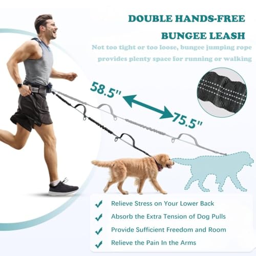 Hands Free Dog Leash with Pouch, Dual Attachment for Two Dogs, Retractable Bungee with Double Padded Handles, Waist-Mounted for Running,Walking, Jogging Friendly Dog Accessories (Black/Mint Green) - color: Black/Blue