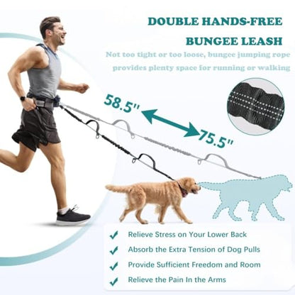 Hands Free Dog Leash with Pouch, Dual Attachment for Two Dogs, Retractable Bungee with Double Padded Handles, Waist-Mounted for Running,Walking, Jogging Friendly Dog Accessories (Black/Mint Green) - color: Black/Blue
