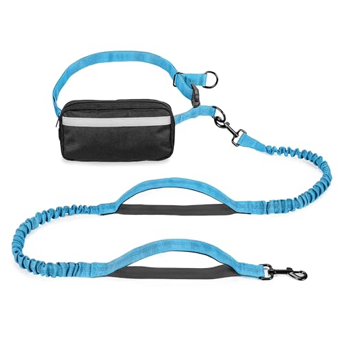 Squirrel Products Hands Free Dog Leash with Hip Belt/Crossbody Strap, Zipper Pouch, and Shock Absorbing Bungee for Walking or Jogging with pet (Blue, Black) - color: Blue and Black