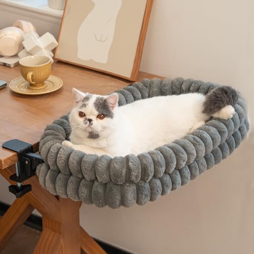 Cat Desk Bed with Reversible Cushion, 90°Foldable Cat Hammock for Desk Mounted, Suitable for Medium-to-Large Cats and Puppy, Clowd Series(Grey, Large) - color: Grey, size: Large