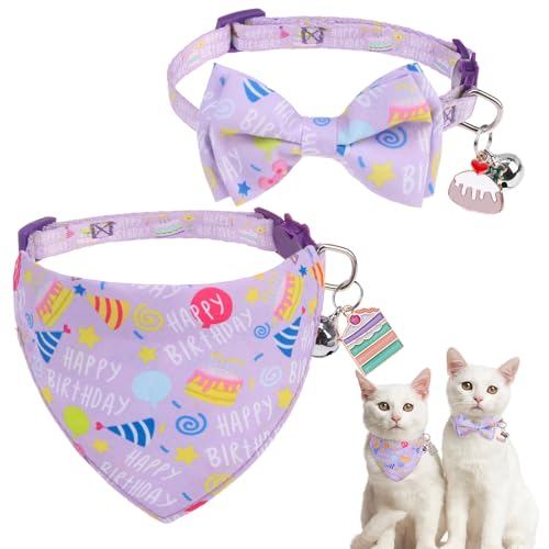 SCENEREAL Cat Bandana Collar for Birthday - 2 Pack Breakaway Kitten Collars with Bell Bowtie, Accessories for Pet, Adjustable Cute Cat Collars for Cats and Small Dogs Boys Girls, Purple - color: Bandanas & Bow (Birthday-Purple)
