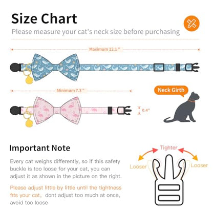 2 Pack Cotton Cat Collar with Bow Tie and Bell for Girl Boy Cats,Cute Pink Flamingo and Blue Whale Pattern Spring Summer Breakaway Cat Collar for Male Female Cats (Flamingo&Whale) - color: Flamingo&Whale