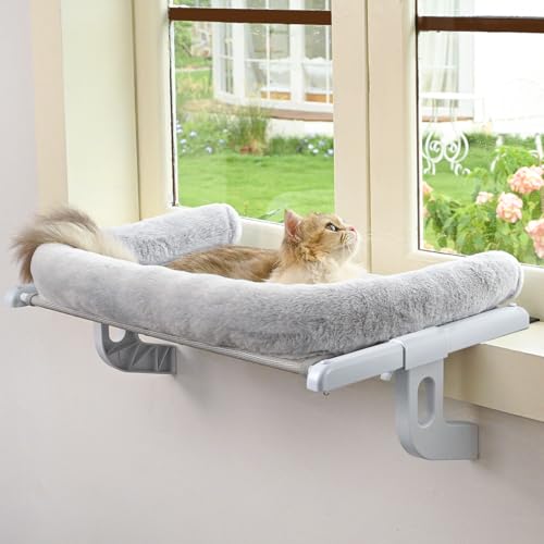 Zoratoo Cat Window Sill Perch with Large Bolster, Easy to Adjust & Assemble Cat Window Seat for Windowsill & Bedside, Pet Hammock Bed for Large Cats and Kittens (Grey, L) - color: Grey, size: Large