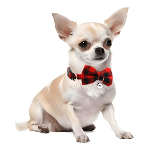 Breakaway Cat Collar with Bell and Bow, 2-Pack Plaid Kitten Collar with Bell, Bowtie Puppy Collars for XXS Xs Small Little Pet Tiny Dogs, Red+White - color: Red+White