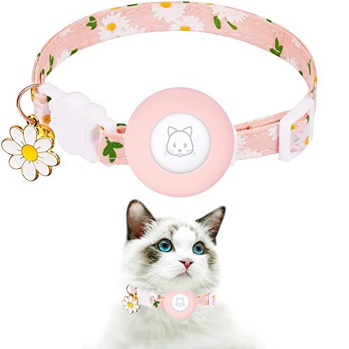 Airtag Cat Collar, JXFUKAL Kitten Collar Breakaway with Silicone Airtag Holder, Bells & Flower Charm for Girl Cats Boy Cats Small Dogs(Pink) - color: Pink