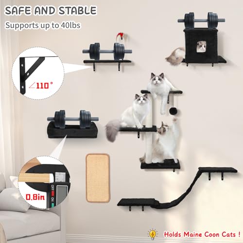 Cat Wall Shelves, 6 in 1 Cat Wall Furniture Set with Condos House, Bed, Bridge, Tree, Steps, Scratching Board, DIY Walls Playground for Indoor (Black) - color: Black