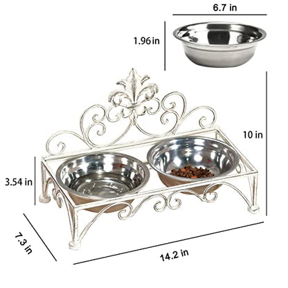Iron Dog Cat Bowls Elevated - Dog or Cat Food and Water Dish Bowl Set - Raised Small Dog Cat Bowl Stand - Antique White